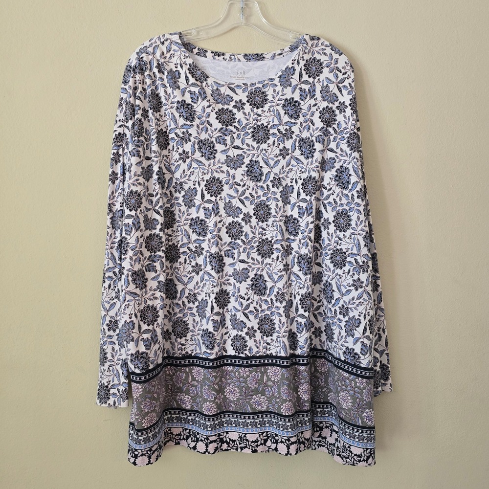 J. Jill Simply Supima Cotton Floral Crew Neck Tunic Top Blue White 2X Womens - Picture 8 of 8